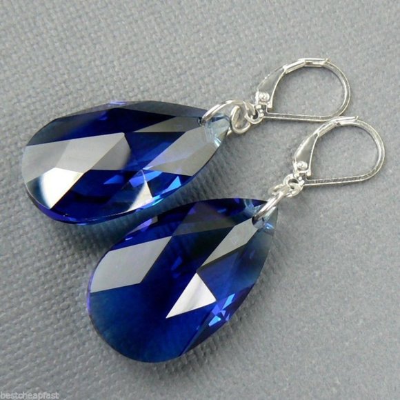 Sterling Silver Blue Briolette Dangle Earrings 2" - Picture 2 of 4